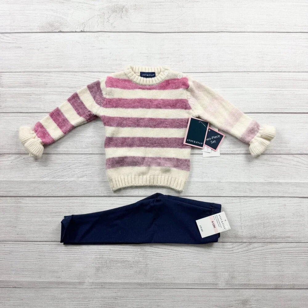 Andy & Evan Baby Girl 2-Piece Sweater Set Stripe Knit Top Pants NWT 9-12 Months